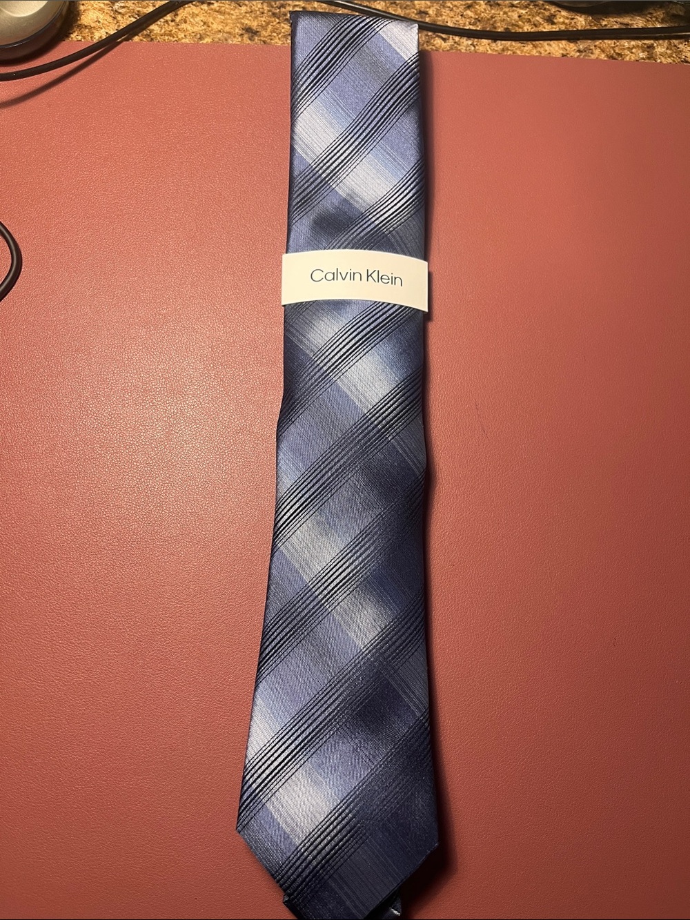 Calvin Klein Navy and Light Blue Plaid Silk Tie